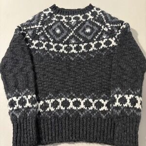 Oysho Fair Isle Knit Sweater Charcoal Gray White Geometric Pattern Size M
